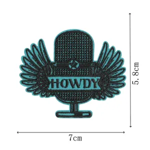 Embroidered microphone wings patch, cool music motif sew on applique for clothing jacket DIY crafts.