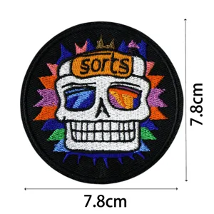 Embroidered skull patch for jackets, 7.8cm round tactical badge with cool 3D glasses style.