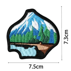 Mountain landscape embroidered patch for clothing, detailed stitching design measuring 7.5x7.3cm.
