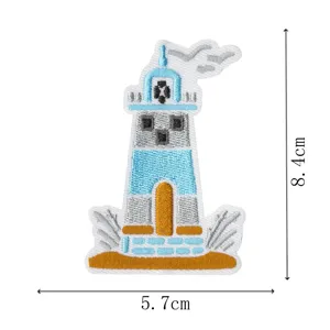 Embroidered lighthouse patch, marine sailor style iron-on badge for DIY clothing and bags.