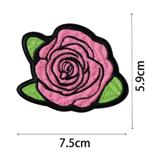 Pink rose embroidered patch with green leaves applique badge for clothing decoration diy 7.5cm