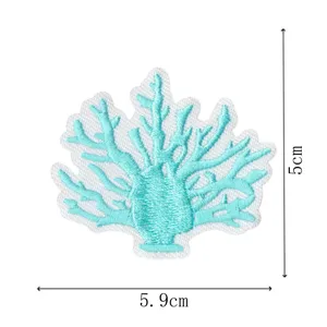 Detailed view of light blue coral embroidery patch with precise size dimensions for DIY decor.
