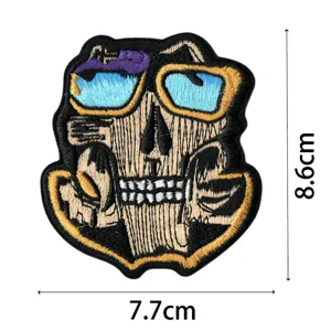 Music skull embroidery patch detail view, perfect for jackets, clothing and DIY decoration.