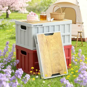 Outdoor camping foldable storage box detail showing durable plastic crate with wooden tabletop lid.