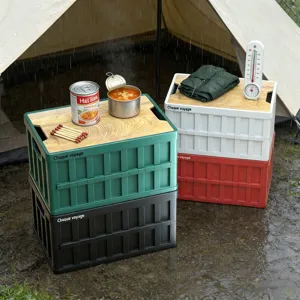 Outdoor camping foldable storage box with wooden lid, portable car trunk organizer crate.