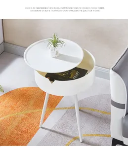 Nordic small round coffee table with storage tray top, modern metal legs for living room.