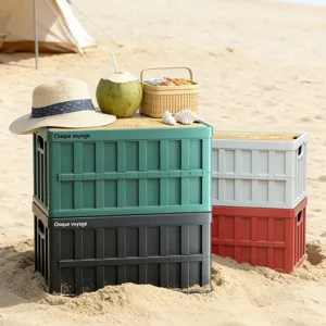 Outdoor camping foldable storage box with wooden lid, stackable plastic crate for picnic.