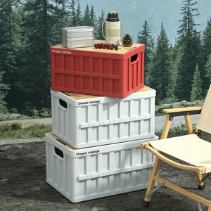 Outdoor Camping Folding Storage Box with Wooden Lid Car Trunk Organizer Picnic Crate