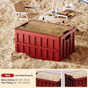 Outdoor folding camping storage box with wooden lid for car trunk and picnic gear organization.