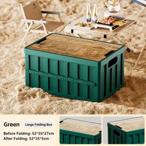 Outdoor folding storage box with wooden lid, large capacity camping organizer bin for car trunk.