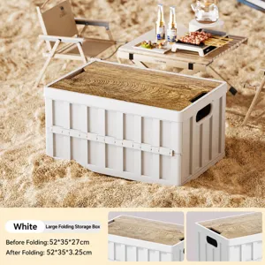 Outdoor folding storage box with wood lid, large capacity camping container for car trunk.
