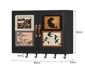 Wall-mounted storage cabinet with multi hooks and artistic doors for bathroom and kitchen use.