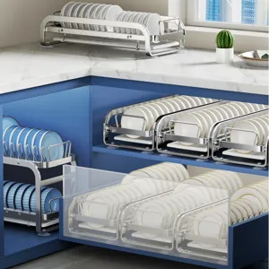 Stainless steel kitchen dish drying rack pull-out cabinet organizer for plates and bowls