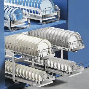 Stainless steel pull-out dish rack for kitchen cabinet storage, durable and multi-functional.