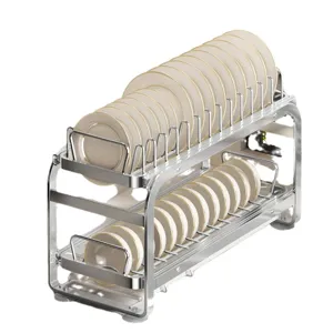 Stainless steel double tier dish drying rack kitchen cabinet pull out storage organizer