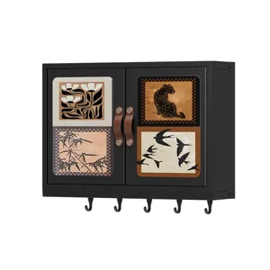 Wall mounted storage cabinet with art doors bathroom kitchen organizer with hooks black