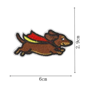 Cute dachshund puppy embroidered patch with super hero cape, detailed sewing accessory.