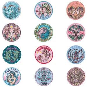 Retro aesthetic 12 zodiac round embroidered patches cute girl DIY clothing badges set