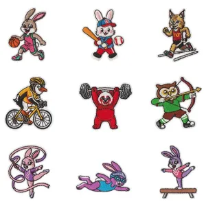 Cartoon sports animal embroidery patches, cute rabbit and penguin badges for clothing DIY.