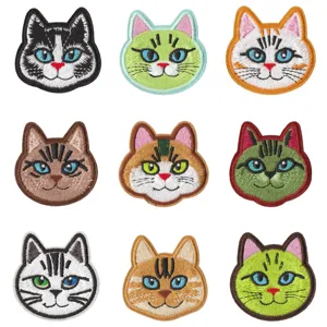 Cute cat embroidery patches set, detailed close-up of colorful cartoon kitten iron-on appliqués.