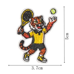 Detailed view of cute tiger tennis sports embroidery iron on cloth patch with clear stitching.