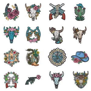 Western cowboy embroidery patch details showing various retro motifs and fine stitching.