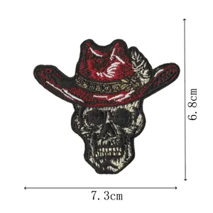 Écusson brodé tête de mort chapeau de cowboy pour vêtements, badge à coudre DIY, style gothique.