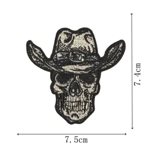Écusson brodé crâne chapeau de cowboy, badge en tissu gothique pour vêtements.