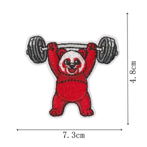 Detailed view of the cute weightlifting red panda embroidered patch, exquisite craftsmanship.