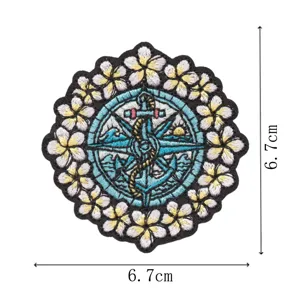 Round embroidered nautical anchor and flower patch for clothing, hats, and DIY repair decoration.