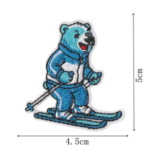 Cute blue skiing bear embroidered cloth patch for DIY jacket bag clothing decoration, 5x4.5cm