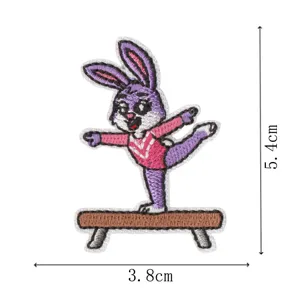 Cute purple rabbit gymnastics embroidery patch detail shot, perfect for clothing and hats.