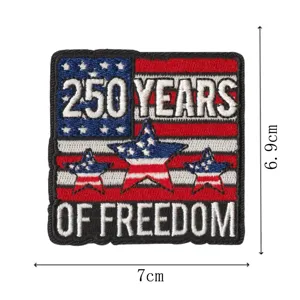 Detailed view of the 250 years of freedom embroidered patch with American flag design.