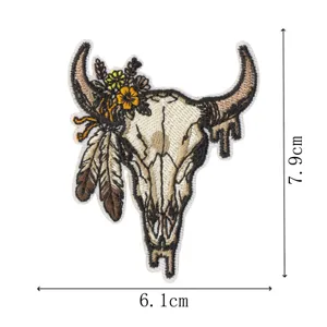 Western style bull skull embroidered patch with feathers and flowers for jacket hat.