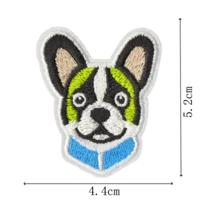 Close-up of cute French bulldog embroidery patch with blue collar and clear dimension specs.