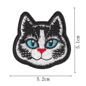 Black and white cat embroidery patch with blue eyes, iron on fabric repair applique for clothes.