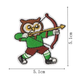 Close-up view of the cute owl archer embroidered patch with precise size details.