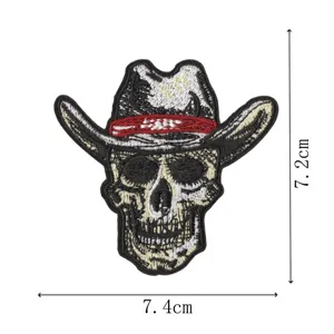 Joli patch brodé tête de mort avec chapeau de cowboy thermocollant badge 7,4x7,2cm