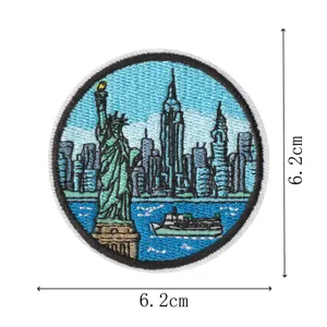 Round embroidered patch featuring New York city landmark skyline design, iron-on clothing badge.