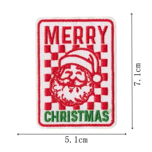 Retro Christmas Santa Claus embroidered patch, red and white checkered fabric badge applique for clothing.