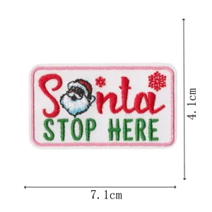 Christmas Santa Stop Here embroidered patch, holiday slogan iron-on badge for kids clothes.