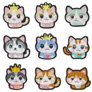 Jolis patchs brodés de chat dessin animé avec couronne pour vêtements et sacs à dos DIY.
