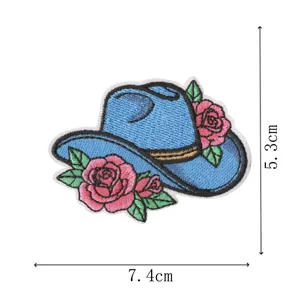 Western cowboy hat embroidered patch with pink roses clothing repair badge DIY decor applique