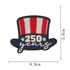 Detailed close-up of the 250th anniversary US flag embroidered hat patch with clear dimensions.
