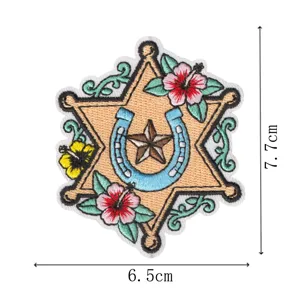 Western style cowboy embroidered patch, sheriff star horseshoe badge for clothes repair.