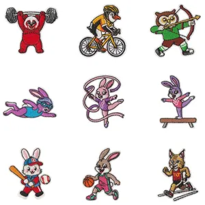Cartoon Animal Sports Embroidery Patches Cute Rabbit Cycling Swimming Baseball Iron On Applique Clothing DIY Badge