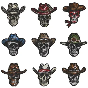 Écusson Brodé Tête de Mort Chapeau de Cowboy Biker Punk Applique Thermocollant Pour Vêtement Veste Décoration DIY