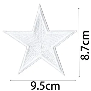 White embroidered star patch detail, garment accessory badge, clothing DIY decoration repair.