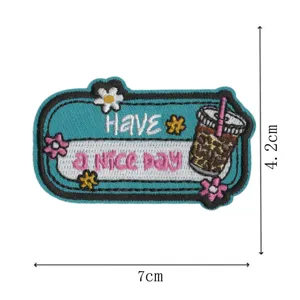 Cute boba coffee embroidered patch for clothing decoration, durable fabric badge for DIY style.