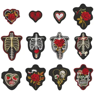 Écussons Brodés de Moto Style Punk Squelette Rose Crâne Badge Thermocollant Tissu Applique Accessoires de Vêtements